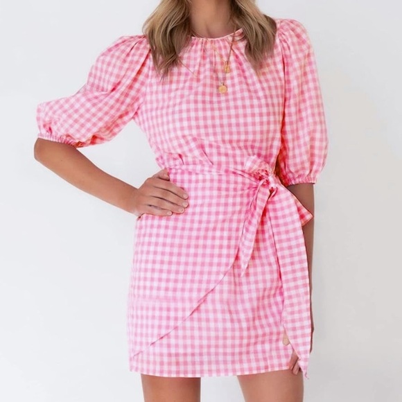 Fashion (generic) Dresses & Skirts - NWT Fashion- Pink Gingham Elbow Sleeves with Wrap  Waist Front/Side Tie Dress